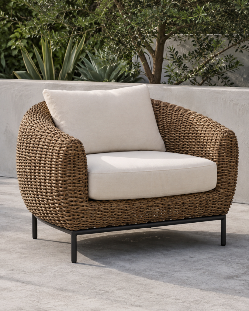 Top 7 Outdoor Decor Trends for 2026 Close-up of a modern outdoor rattan armchair with chunky woven texture, black iron legs, and plush off-white cushions on a minimalist concrete patio surrounded by greenery.