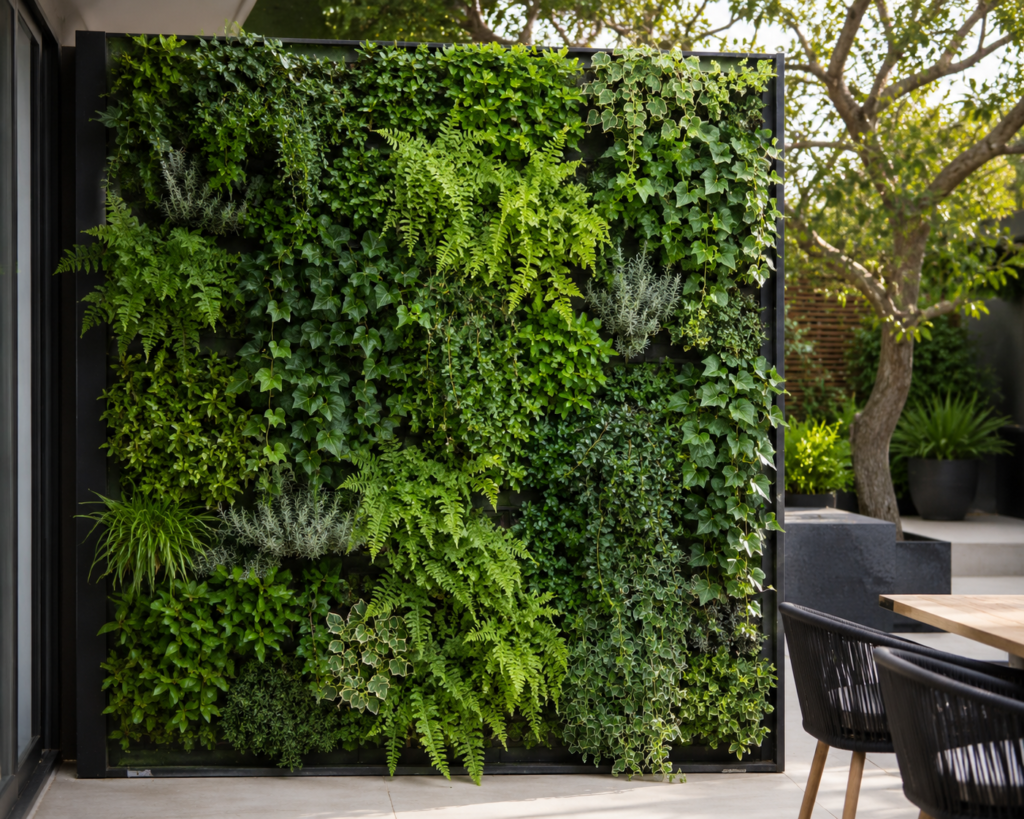 Top 7 Outdoor Decor Trends for 2026 Modern outdoor patio featuring a lush vertical living wall filled with ferns, ivy, and greenery in a sleek black frame, blending biophilic design with contemporary architecture.