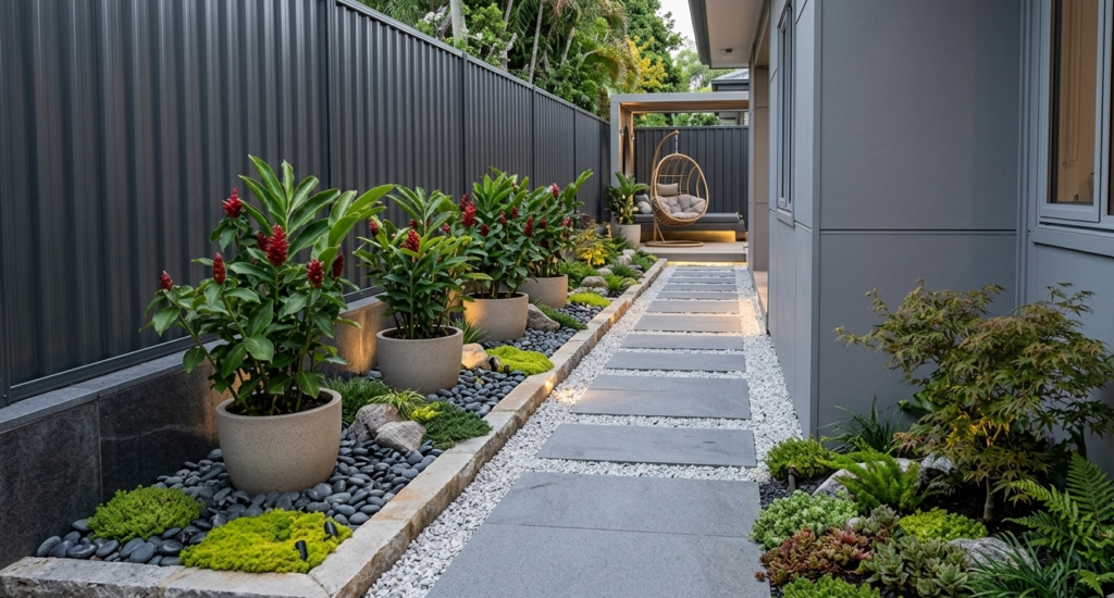 Top 7 Outdoor Decor Trends for 2026 Modern narrow side yard with minimalist garden design featuring large grey concrete paving stones on white gravel, neat planters with tropical plants against a dark grey corrugated fence, and integrated warm lighting at twilight.