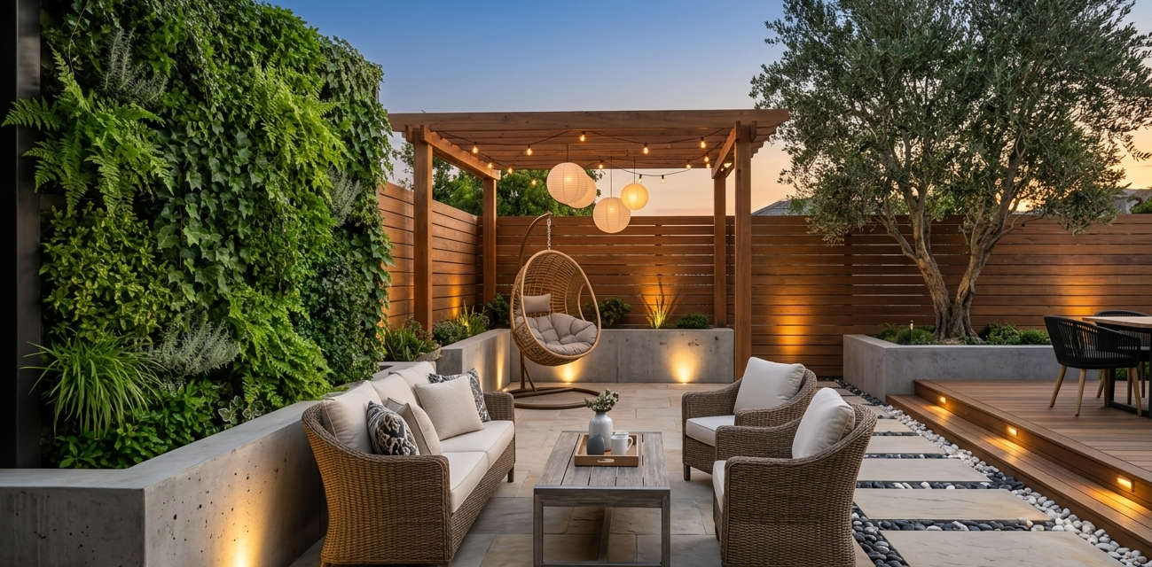 A modern and luxurious backyard patio design at dusk, featuring a cozy seating area with woven wicker armchairs and a sofa surrounding a wooden coffee table. To the left, a lush green living wall serves as a vibrant backdrop, while a wooden pergola with hanging spherical paper lanterns lights up a hanging egg chair. The patio is paved with stone tiles and includes a stone path lined with black and white river pebbles leading to an elevated wooden deck with an outdoor dining set and a mature olive tree.