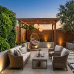 A modern and luxurious backyard patio design at dusk, featuring a cozy seating area with woven wicker armchairs and a sofa surrounding a wooden coffee table. To the left, a lush green living wall serves as a vibrant backdrop, while a wooden pergola with hanging spherical paper lanterns lights up a hanging egg chair. The patio is paved with stone tiles and includes a stone path lined with black and white river pebbles leading to an elevated wooden deck with an outdoor dining set and a mature olive tree.