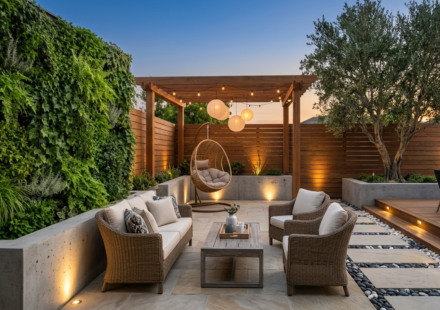 A modern and luxurious backyard patio design at dusk, featuring a cozy seating area with woven wicker armchairs and a sofa surrounding a wooden coffee table. To the left, a lush green living wall serves as a vibrant backdrop, while a wooden pergola with hanging spherical paper lanterns lights up a hanging egg chair. The patio is paved with stone tiles and includes a stone path lined with black and white river pebbles leading to an elevated wooden deck with an outdoor dining set and a mature olive tree.