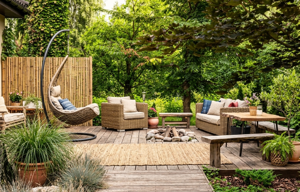 Top 7 Outdoor Decor Trends for 2026 Rustic wooden deck featuring sustainable outdoor decor with a natural jute area rug, reclaimed timber benches, woven rattan armchairs, a hanging egg chair, and a central stone-ringed fire pit surrounded by lush green trees and a bamboo privacy screen.
