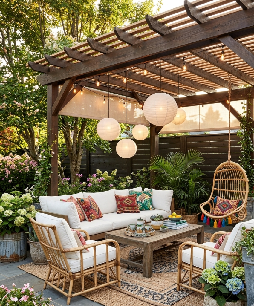 Top 7 Outdoor Decor Trends for 2026 Cozy patio setup featuring 2026 patio decoration trends with an outdoor living room layout, including an off-white sectional sofa, rattan armchairs, hanging paper lanterns under a wooden pergola, and a patterned area rug surrounded by lush garden greenery.