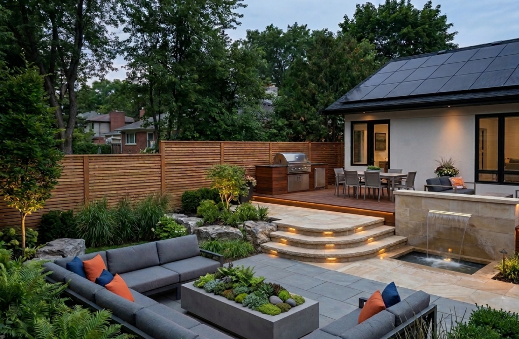 Top 7 Outdoor Decor Trends for 2026 Modern luxury backyard makeover with an architectural split-level layout featuring a sunken stone patio, charcoal grey sectional sofas around a minimalist rectangular planter table, a stone waterfall feature, and an outdoor kitchen against a cedar privacy fence.