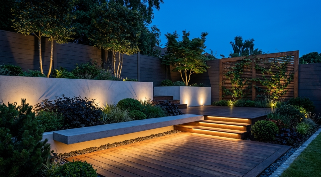 Top 7 Outdoor Decor Trends for 2026 Modern wooden deck at twilight showcasing current outdoor lighting trends with warm amber LED strip lights hidden beneath stair treads and a floating concrete bench, casting a soft glow across the patio and landscaped garden beds.