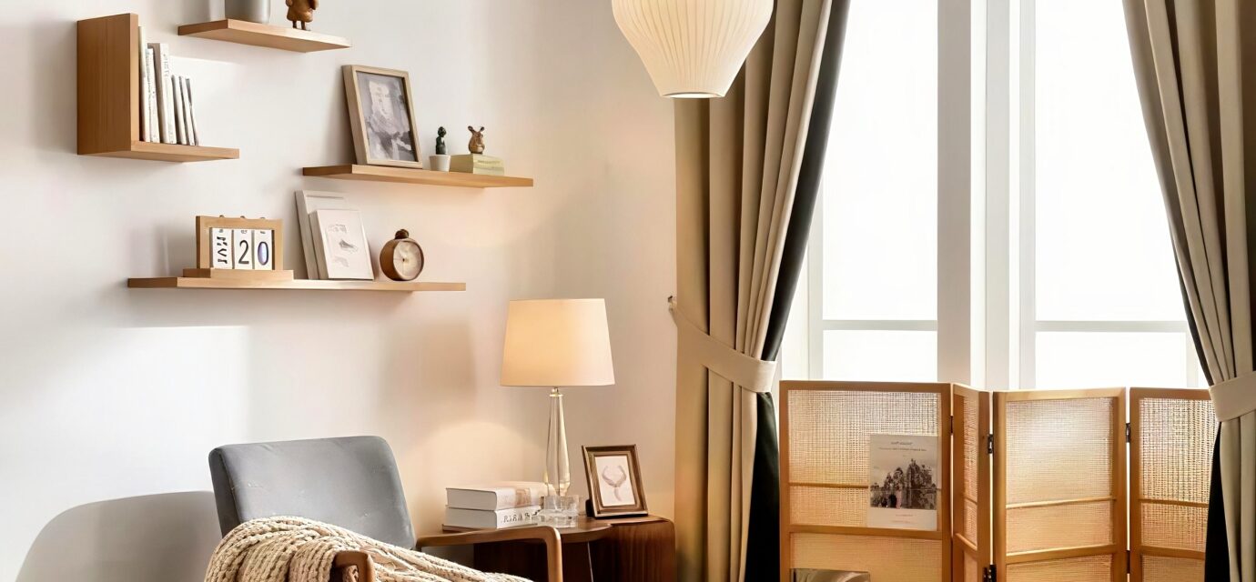 A cozy, minimalist reading nook with a warm, Japandi-style aesthetic. On the left, a grey armchair is draped with a chunky, cream-colored knit blanket. Behind the chair, a small wooden side table holds a lighted table lamp with a glass base, stacked books, and a small framed picture. The white wall features staggered, light-wood floating shelves decorated with small plants, books, a vintage clock, a wooden calendar block, and framed art. To the right, a large window with sheer white curtains is framed by heavy, beige drapes tied back. Hanging from the ceiling are three layered, white paper origami pendant lights. On the floor by the window sits a three-panel woven rattan room divider holding magazines. The entire space is illuminated by soft, warm light.