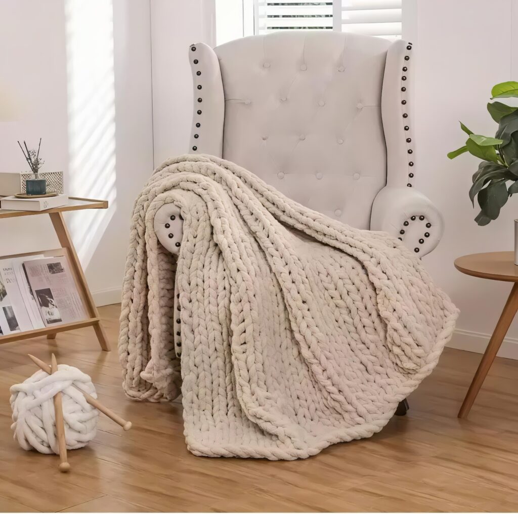 Textured minimalist textiles. A white tufted wingback armchair draped with a massive, cream-colored chunky knit blanket, with a ball of thick yarn and oversized wooden knitting needles on the wooden floor nearby.