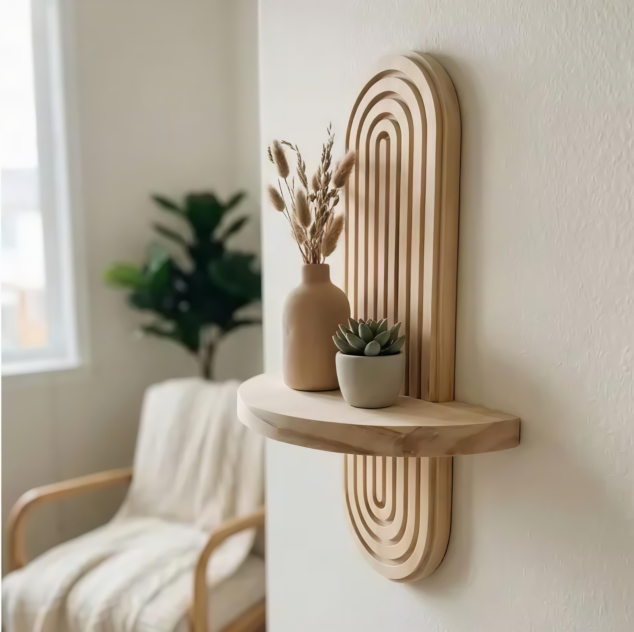 A unique, oval-shaped floating wooden wall shelf with a grooved arch design, holding a tiny potted succulent and a small vase of dried grass.