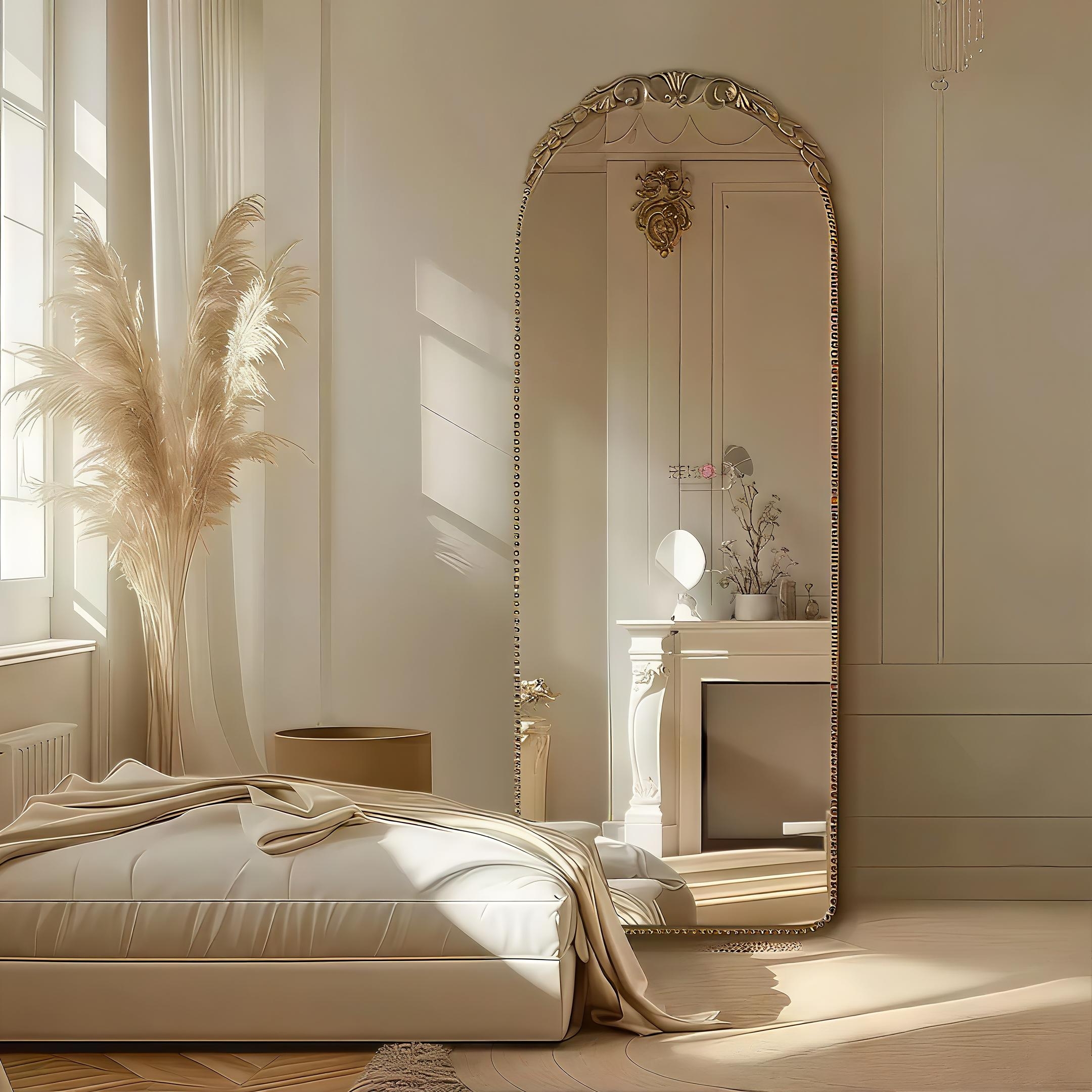 An elegant, full-length arched floor mirror with a detailed gold border reflecting a minimalist cream-toned bedroom interior.