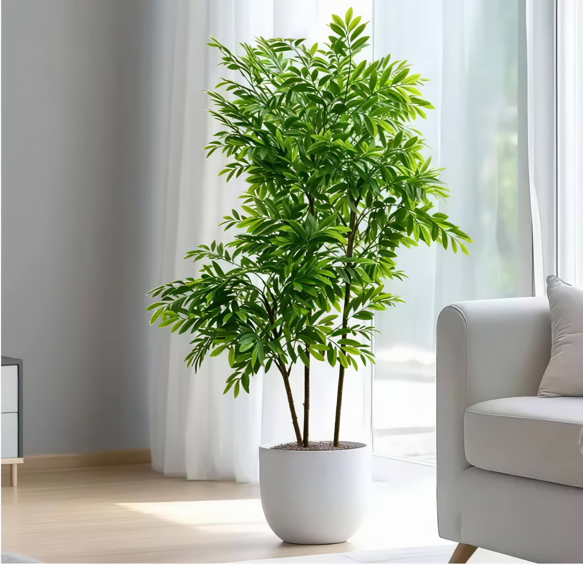  Large Sculptural Artificial Trees. A tall, bushy artificial bamboo or palm-style tree with dense green leaves planted in a minimalist, round white pot near a window.
