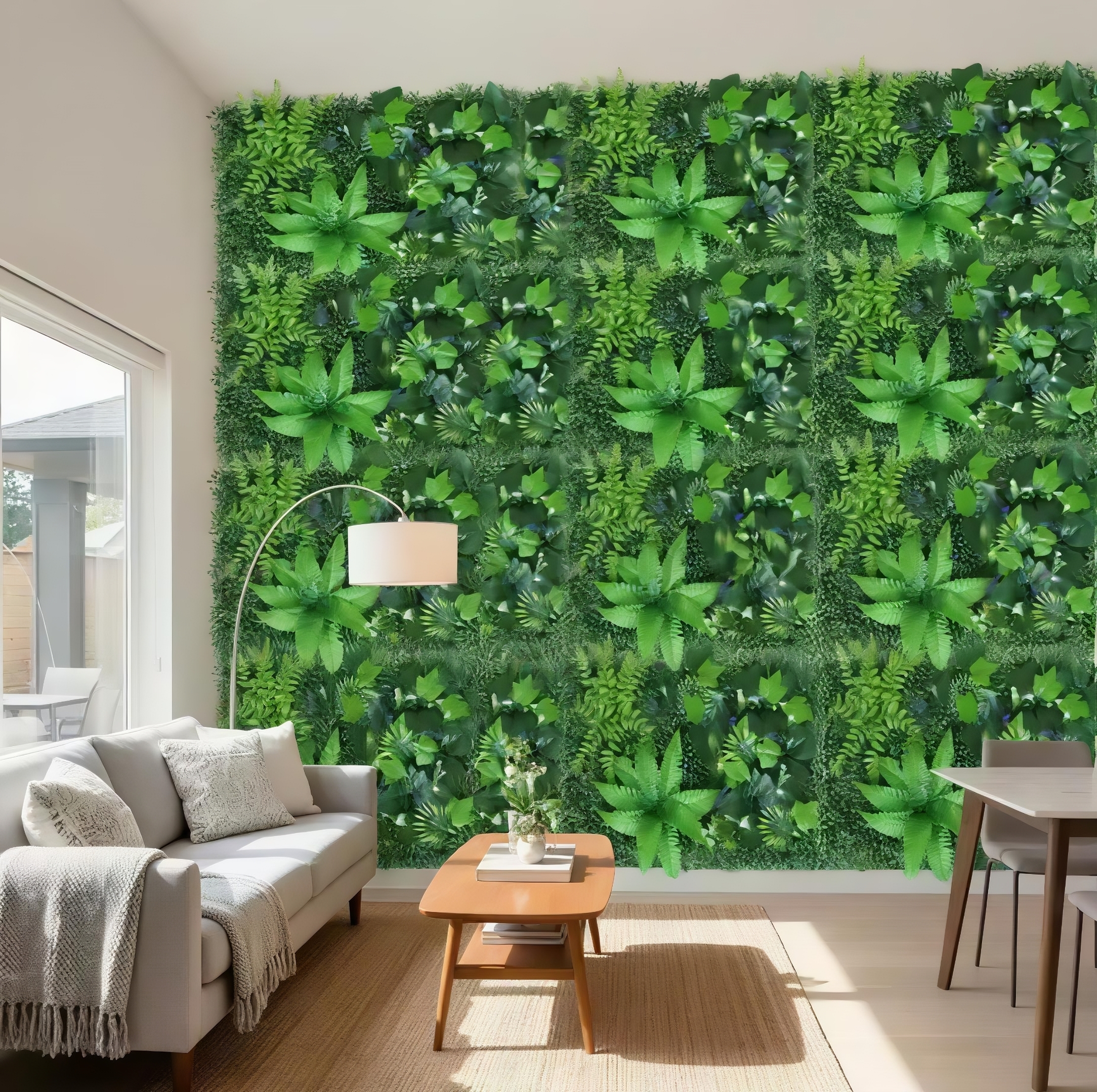 A modern living room featuring a massive, full-coverage artificial green plant wall behind a light grey sofa and wooden coffee table.