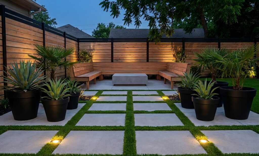 Top 4 Best Budget Outdoor Decor Ideas Modern Backyard Ideas on a Dime. A minimalist modern backyard landscape featuring a symmetrical grid path made of square concrete pavers and green grass, surrounded by large matte black planters and a built-in wooden bench.