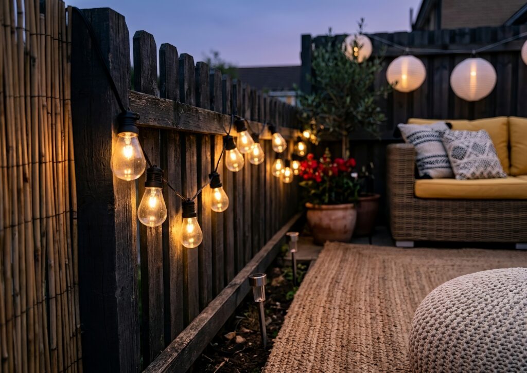 Top 4 Best Budget Outdoor Decor Ideas Affordable Boho Patio lighting. Close-up of glowing solar Edison bulb string lights hanging on a rustic dark wooden fence, next to a textured jute rug and a comfortable wicker patio chair.
