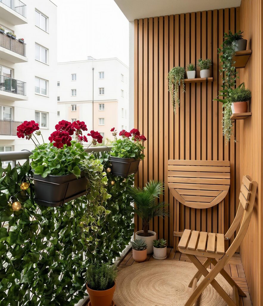 Top 4 Best Budget Outdoor Decor Ideas Creative Apartment Balcony Decor. A small apartment balcony optimized with a lush faux-ivy privacy screen, red geranium flowers in hanging railing planters, vertical wood slat paneling, and a folding wooden bistro set.