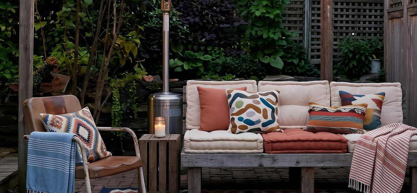 A cozy backyard patio at dusk featuring a wooden pallet sofa with cream and terracotta cushions, a patterned blue area rug, hanging string lights, and a warm brick fire pit zone.