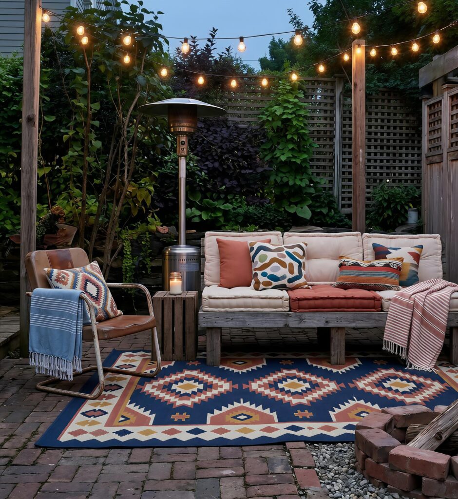 Top 4 Best Budget Outdoor Decor Ideas Cozy Outdoor Living Space Hacks. A cozy backyard patio at dusk featuring a wooden pallet sofa with cream and terracotta cushions, a patterned blue area rug, hanging string lights, and a warm brick fire pit zone.