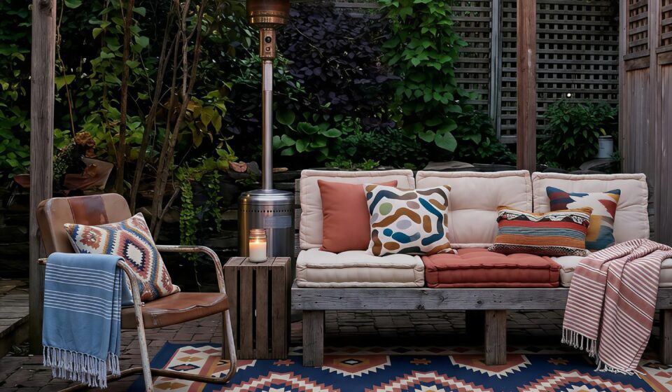 A cozy backyard patio at dusk featuring a wooden pallet sofa with cream and terracotta cushions, a patterned blue area rug, hanging string lights, and a warm brick fire pit zone.