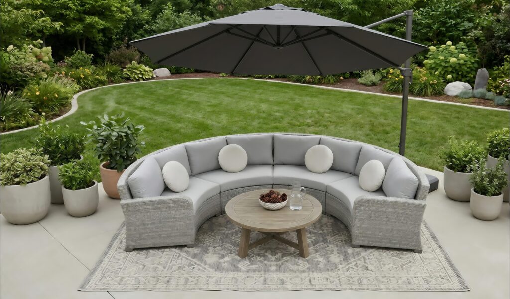 A spacious, minimalist backyard patio featuring a curved, semi-circular grey wicker sofa with matching grey cushions and white round throw pillows. A round wooden coffee table sits in the center on a faded vintage-style outdoor rug. A large, dark grey cantilever umbrella arches over the seating arrangement. The patio is surrounded by matching smooth white concrete planters with green foliage, overlooking a pristine, curved green lawn.