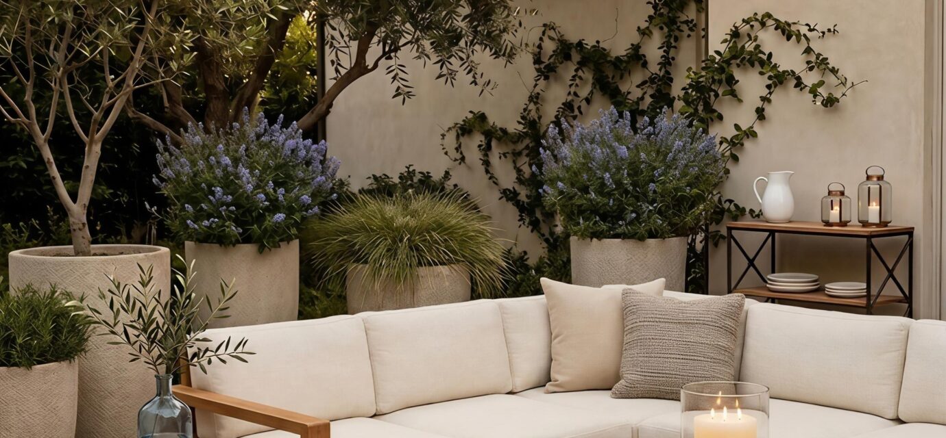 A warm, inviting patio scene at dusk featuring a low-profile cream-colored sectional sofa with light wood trim. In front of the sofa sits a unique, geometric-carved light wood coffee table holding a stack of ceramic plates and a large pillar candle in a glass hurricane vase. The space is illuminated by warm string lights draped overhead. In the background, large neutral stone planters filled with olive trees and purple flowering bushes line a textured stucco wall.