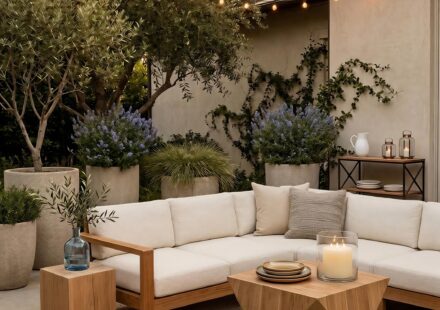 A warm, inviting patio scene at dusk featuring a low-profile cream-colored sectional sofa with light wood trim. In front of the sofa sits a unique, geometric-carved light wood coffee table holding a stack of ceramic plates and a large pillar candle in a glass hurricane vase. The space is illuminated by warm string lights draped overhead. In the background, large neutral stone planters filled with olive trees and purple flowering bushes line a textured stucco wall.