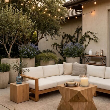 A warm, inviting patio scene at dusk featuring a low-profile cream-colored sectional sofa with light wood trim. In front of the sofa sits a unique, geometric-carved light wood coffee table holding a stack of ceramic plates and a large pillar candle in a glass hurricane vase. The space is illuminated by warm string lights draped overhead. In the background, large neutral stone planters filled with olive trees and purple flowering bushes line a textured stucco wall.