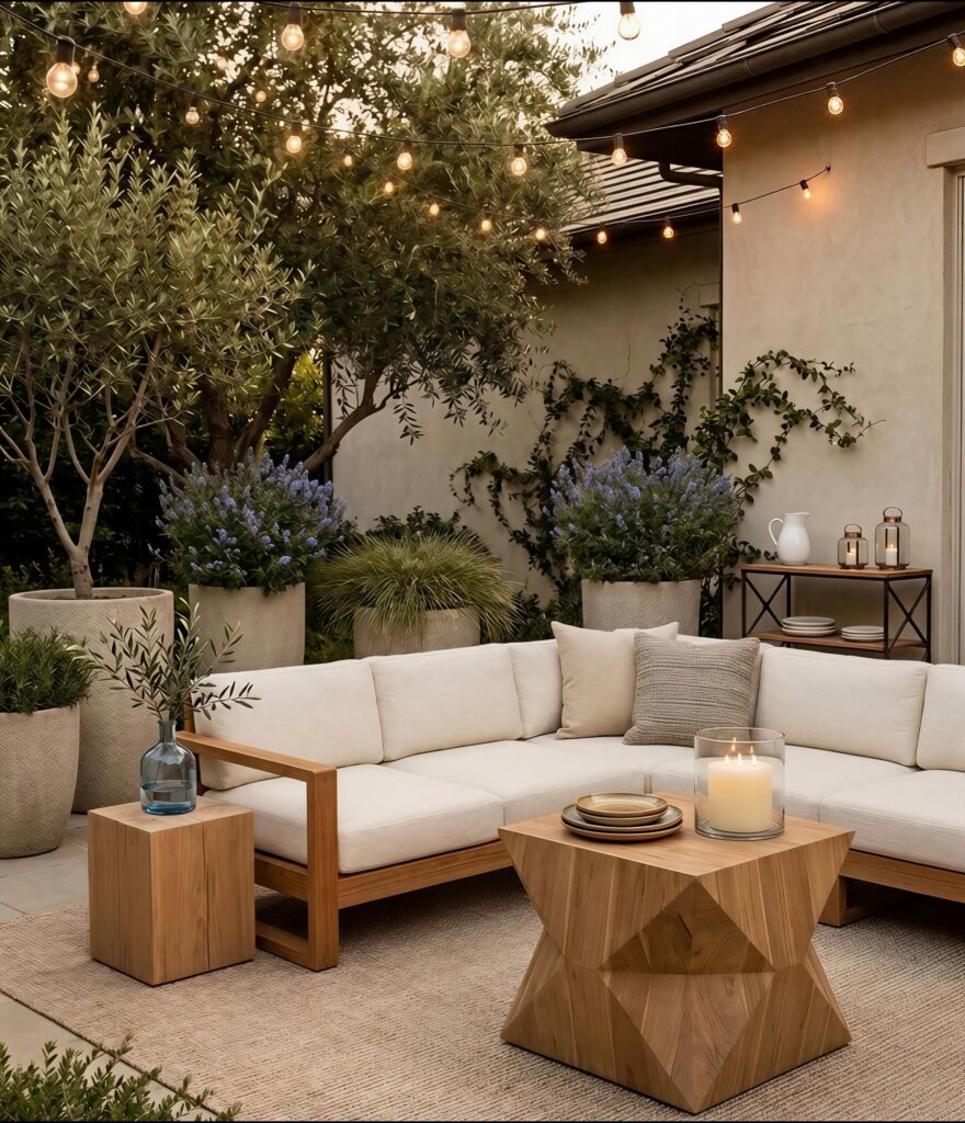 A warm, inviting patio scene at dusk featuring a low-profile cream-colored sectional sofa with light wood trim. In front of the sofa sits a unique, geometric-carved light wood coffee table holding a stack of ceramic plates and a large pillar candle in a glass hurricane vase. The space is illuminated by warm string lights draped overhead. In the background, large neutral stone planters filled with olive trees and purple flowering bushes line a textured stucco wall.