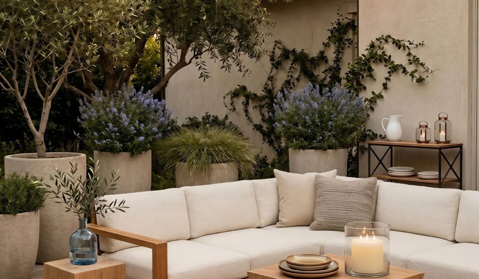 A warm, inviting patio scene at dusk featuring a low-profile cream-colored sectional sofa with light wood trim. In front of the sofa sits a unique, geometric-carved light wood coffee table holding a stack of ceramic plates and a large pillar candle in a glass hurricane vase. The space is illuminated by warm string lights draped overhead. In the background, large neutral stone planters filled with olive trees and purple flowering bushes line a textured stucco wall.