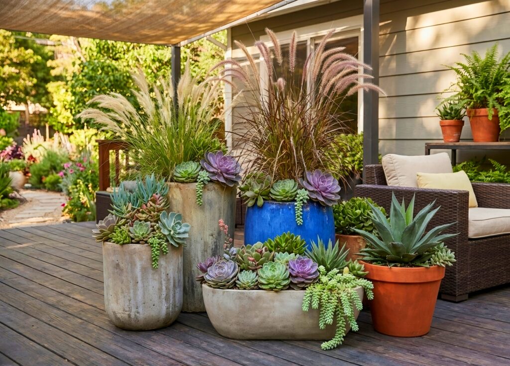 A vibrant container garden display on a dark wooden deck. A cluster of various terracotta, weathered concrete, and bright blue glazed ceramic pots are filled with an assortment of succulents, echeveria, donkey's tail, and tall ornamental pampas grasses. In the background, a dark wicker patio chair with a cream cushion is visible under a tan sun shade sail.