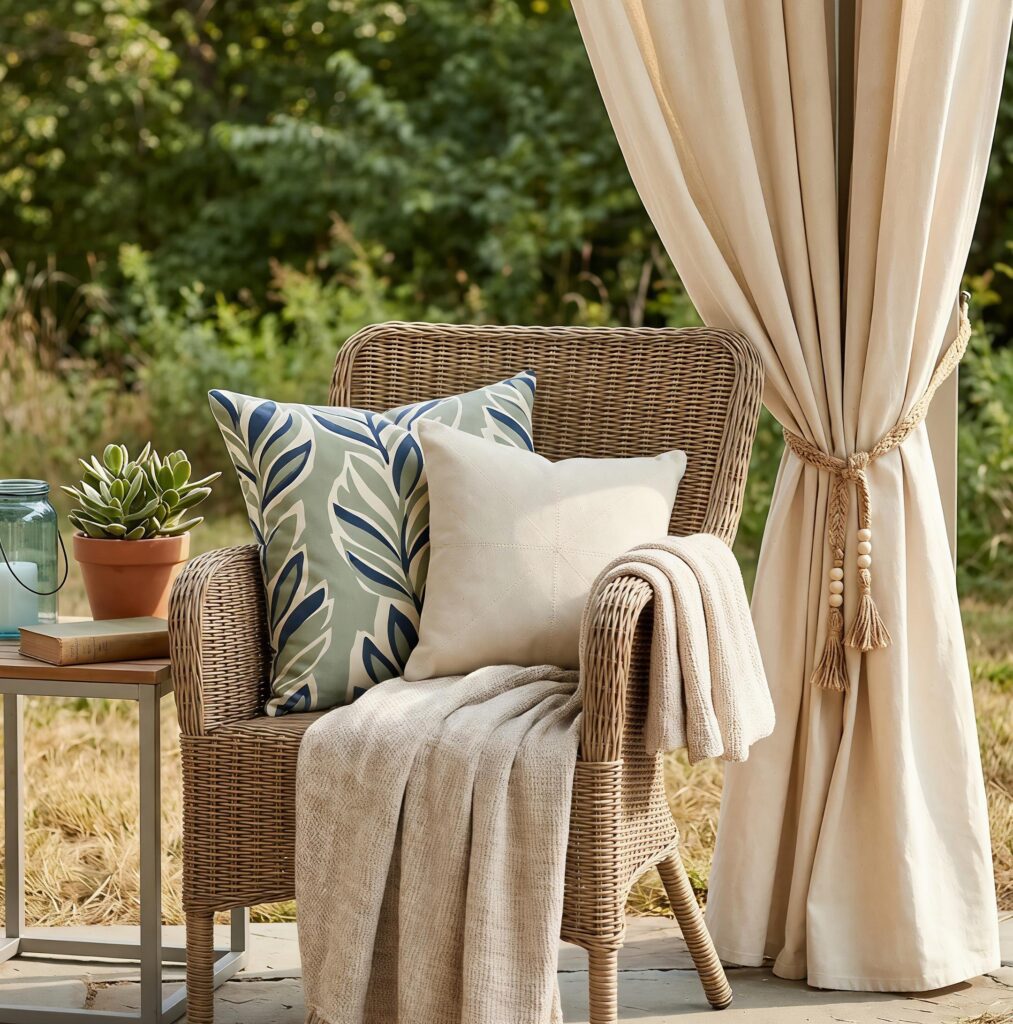 A close-up, rustic outdoor lifestyle shot featuring a woven light-brown wicker armchair styled with two throw pillows: one cream-colored with subtle stitching and one featuring a muted green and blue leafy pattern. A soft, cream-colored knit blanket is draped over the armrest and seat. To the right, a heavy canvas privacy curtain is elegantly pulled back and tied with a thick, braided jute rope tassel adorned with wooden beads. A small wooden side table sits to the left holding a terracotta potted succulent, a glass lantern, and a vintage book against a blurred green backdrop.