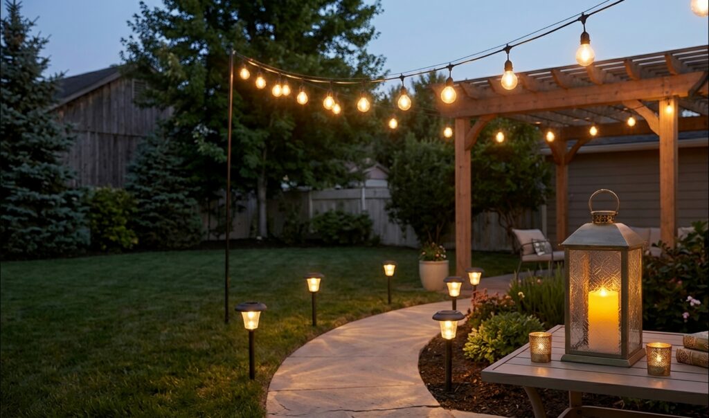 A cozy backyard path at twilight illuminated by glowing outdoor lighting. A curved concrete walkway is lined with small stake solar lights leading toward a wooden pergola. Overhead, string bistro lights cast a warm glow across a manicured green lawn. In the foreground, a glass candle lantern and two small gold votive candle holders sit on a patio table, creating a warm, ambient atmosphere.