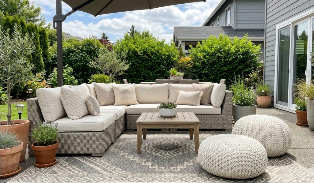 A bright, daytime backyard patio featuring a large grey wicker sectional sofa with plush cream-colored cushions and a variety of textured beige throw pillows. In front of the sofa is a simple square wooden coffee table sitting on a grey and white geometric patterned outdoor rug. Two large, round white knit pouf ottomans rest on the ground to the right. A large dark patio umbrella provides shade over the seating area, with terracotta planters, lush green hedges, and a gray-sided suburban house in the background.