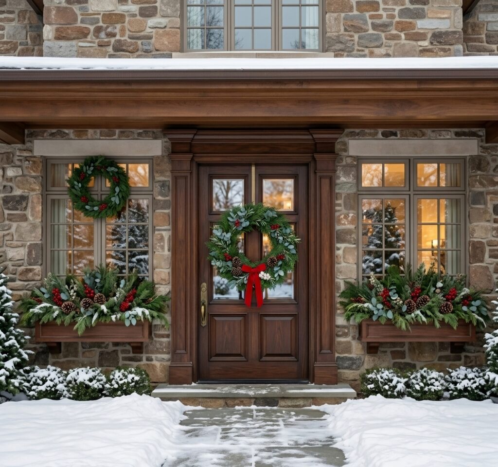 15 Elegant Outdoor Christmas Decor Ideas Beautiful front entrance with elegant outdoor Christmas decor including a wreath and festive floral arrangements