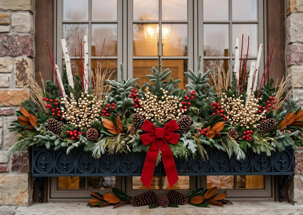 15 Elegant Outdoor Christmas Decor Ideas Beautifully landscaped garden border with low-voltage landscape lighting highlighting colorful plants.