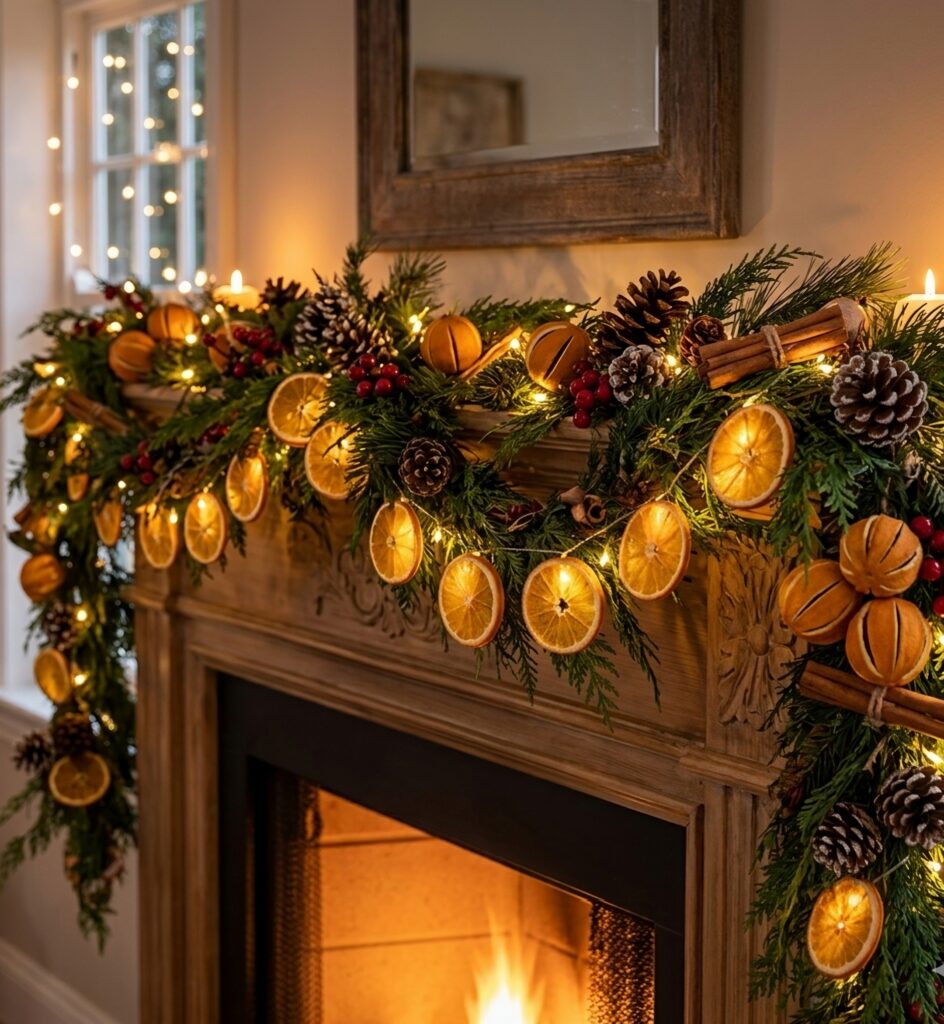 15 Elegant Outdoor Christmas Decor Ideas String Up Dried Orange Garland. Cozy outdoor winter garden nook featuring oversized lanterns with candles for a warm holiday atmosphere.