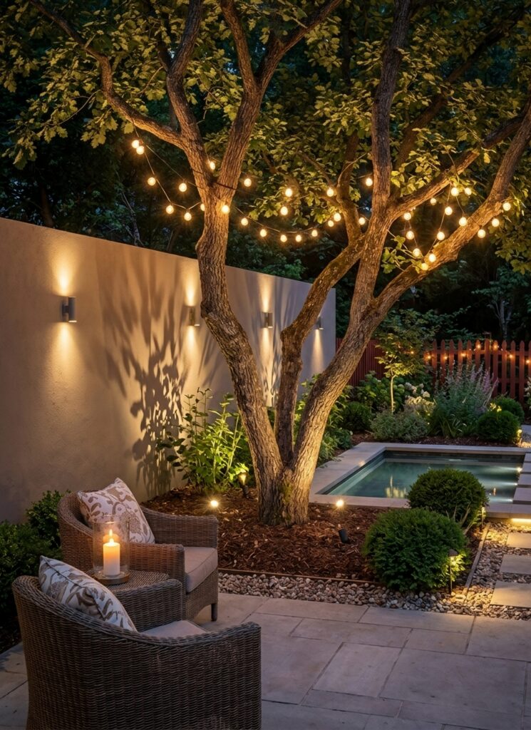 15 Elegant Outdoor Christmas Decor Ideas Tightly wrapped string lights on tree trunks in a beautifully lit evening garden path.