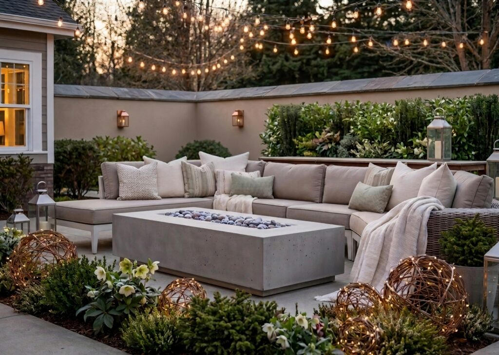 15 Elegant Outdoor Christmas Decor Ideas Pre-Lit Grapevine Spheres. Modern patio seating decorated with elegant outdoor Christmas decor ideas, featuring warm lighting and cozy textiles.