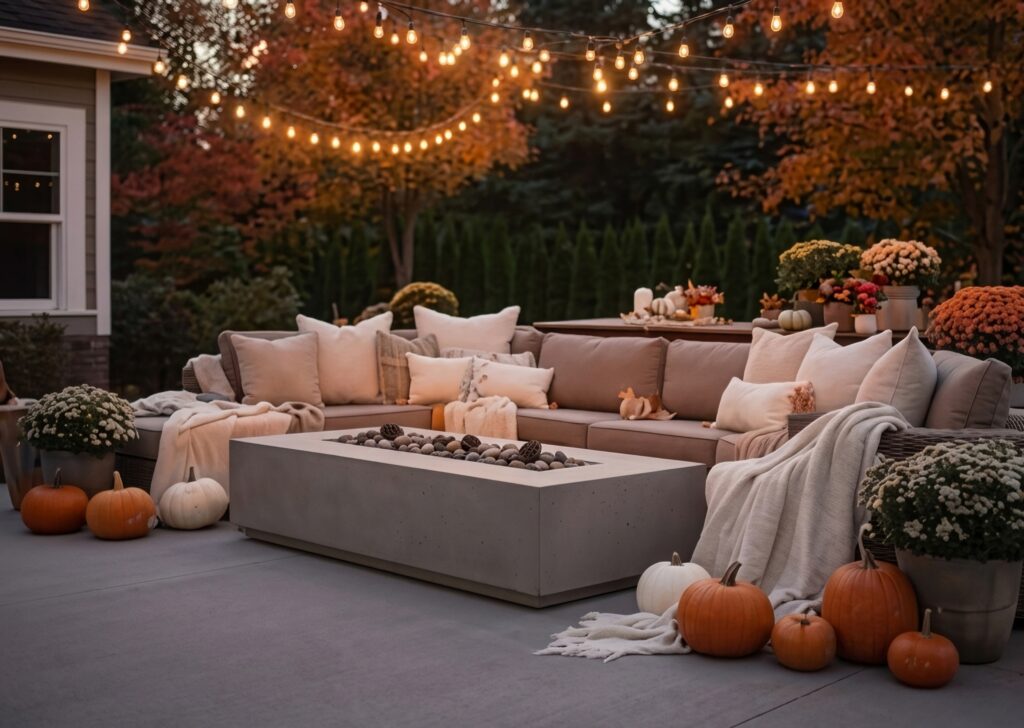 15 Elegant Outdoor Christmas Decor Ideas Modern patio seating area with neutral cushions and soft ambient lighting for a cozy outdoor holiday space