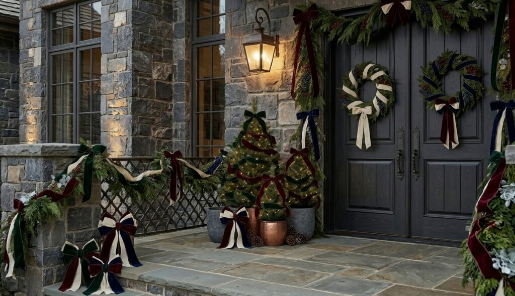 15 Elegant Outdoor Christmas Decor Ideas Heavy Velvet Ribbons. Tightly wrapped string lights on tree trunks in a beautifully lit evening garden path.