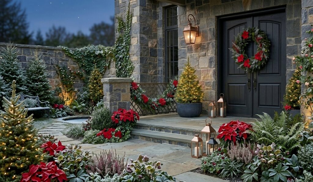 15 Elegant Outdoor Christmas Decor Ideas Micro-Fairy Lights. Pathway in a garden illuminated by warm glowing string lights wrapped around tree trunks