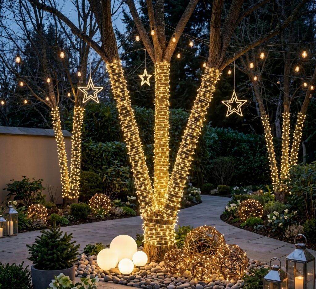 15 Elegant Outdoor Christmas Decor Ideas Wrap Tree Trunks Tightly. Outdoor seating area decorated for winter with throw pillows, pumpkins, and string lights
