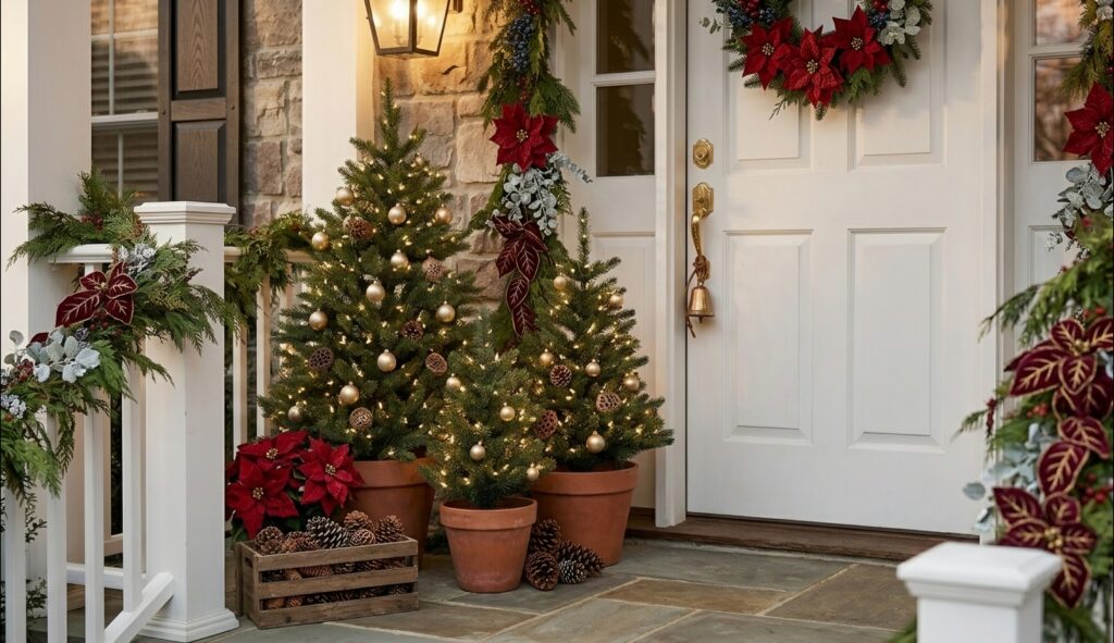 15 Elegant Outdoor Christmas Decor Ideas . Cluster Your Mini Trees. Modern garden patio with a water feature and soft accent lighting under trees at night.