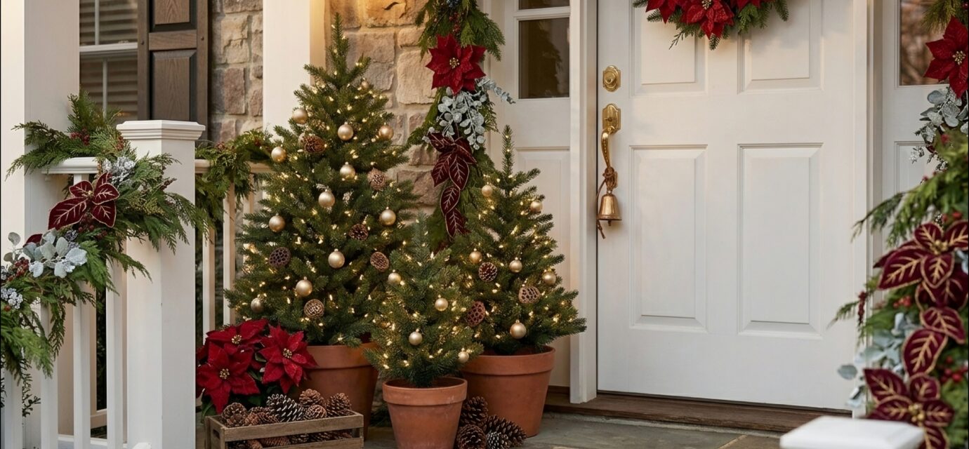 . Cluster Your Mini Trees. Modern garden patio with a water feature and soft accent lighting under trees at night.