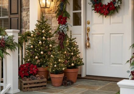 . Cluster Your Mini Trees. Modern garden patio with a water feature and soft accent lighting under trees at night.