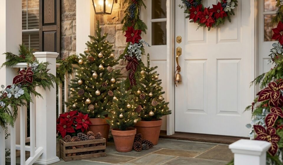 . Cluster Your Mini Trees. Modern garden patio with a water feature and soft accent lighting under trees at night.