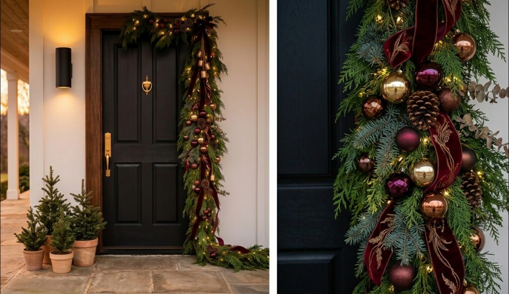 15 Elegant Outdoor Christmas Decor Ideas Go Asymmetrical with Garlands. Subtle landscape uplighting illuminating trees and shrubs along a modern stone garden wall."