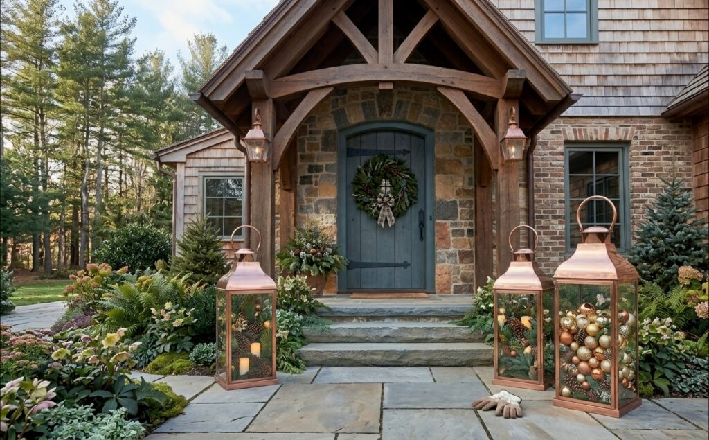 15 Elegant Outdoor Christmas Decor Ideas Oversized Lanterns. Elegant outdoor patio seating area with cozy pillows, blankets, and large lanterns at dusk.