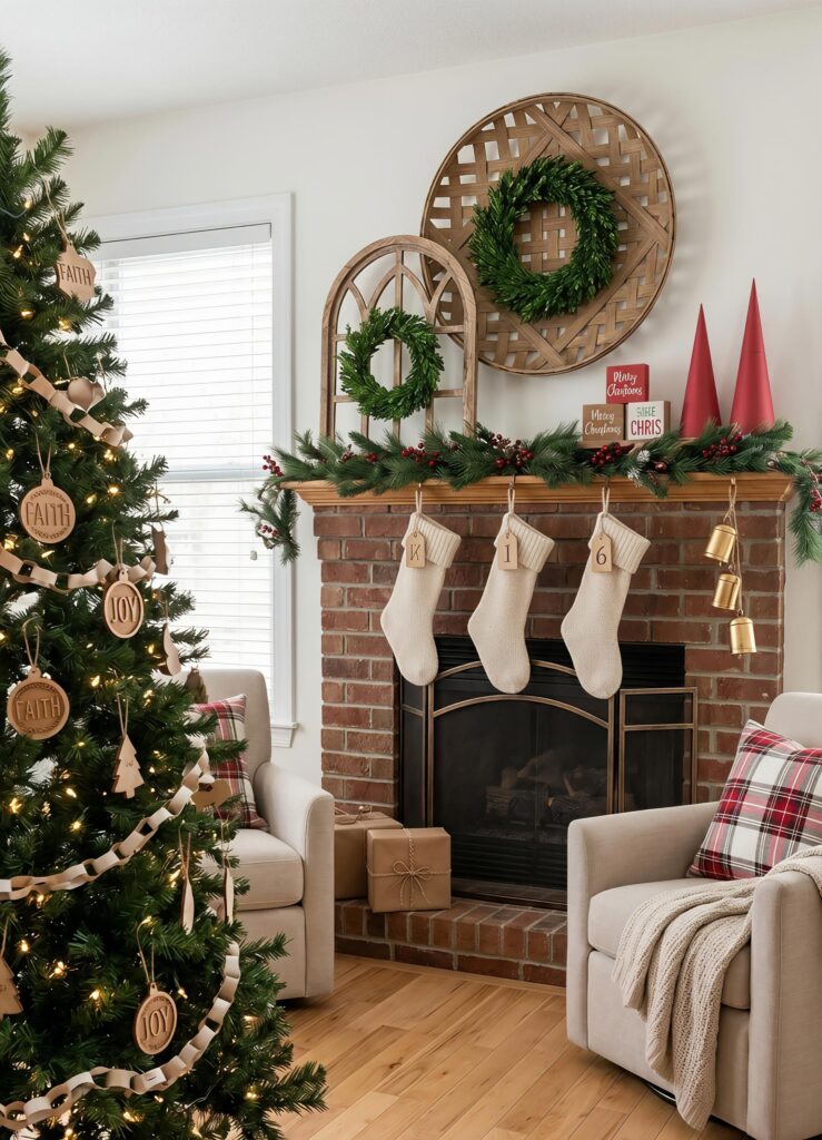 A festive fireplace mantel decorated with a greenery garland, hanging knit stockings with wooden tags, and woven wall baskets, positioned next to a Christmas tree adorned with rustic wooden ornaments.