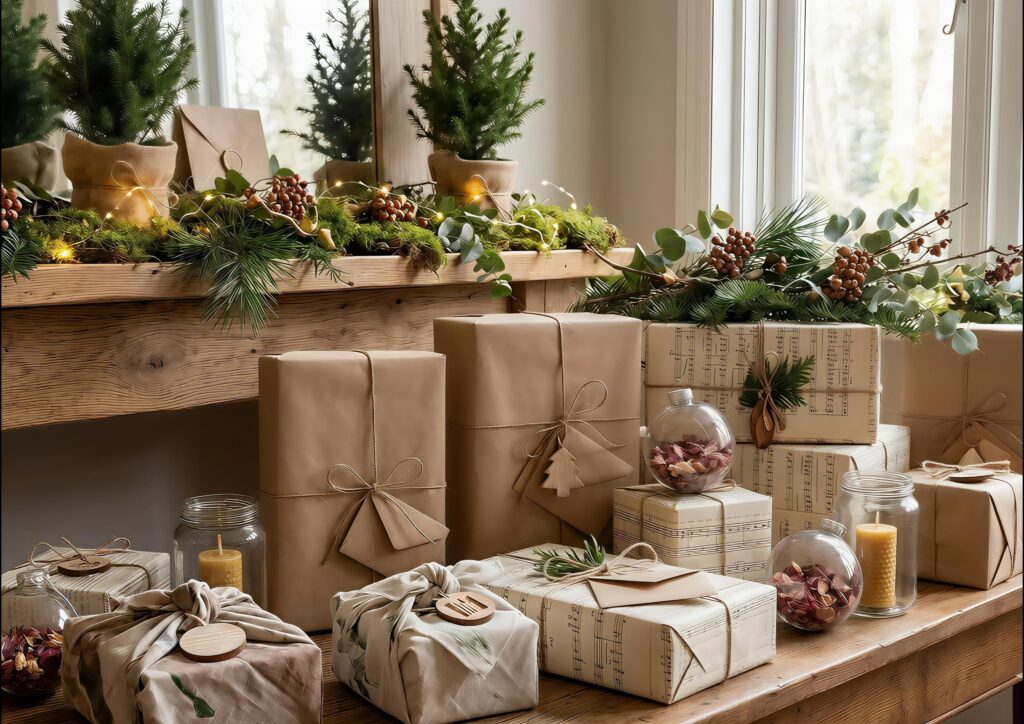 A collection of gifts wrapped in rustic brown kraft paper and music-themed paper, arranged on a wooden surface alongside glass jar candles and ornaments filled with dried botanicals.