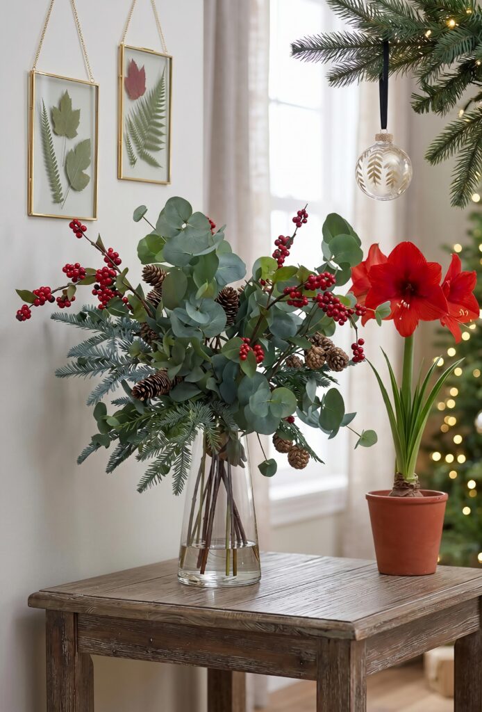 A beautiful holiday floral arrangement in a clear glass vase on a wooden side table, featuring eucalyptus, red berries, and pinecones, positioned next to a vibrant red amaryllis plant in a terracotta pot.